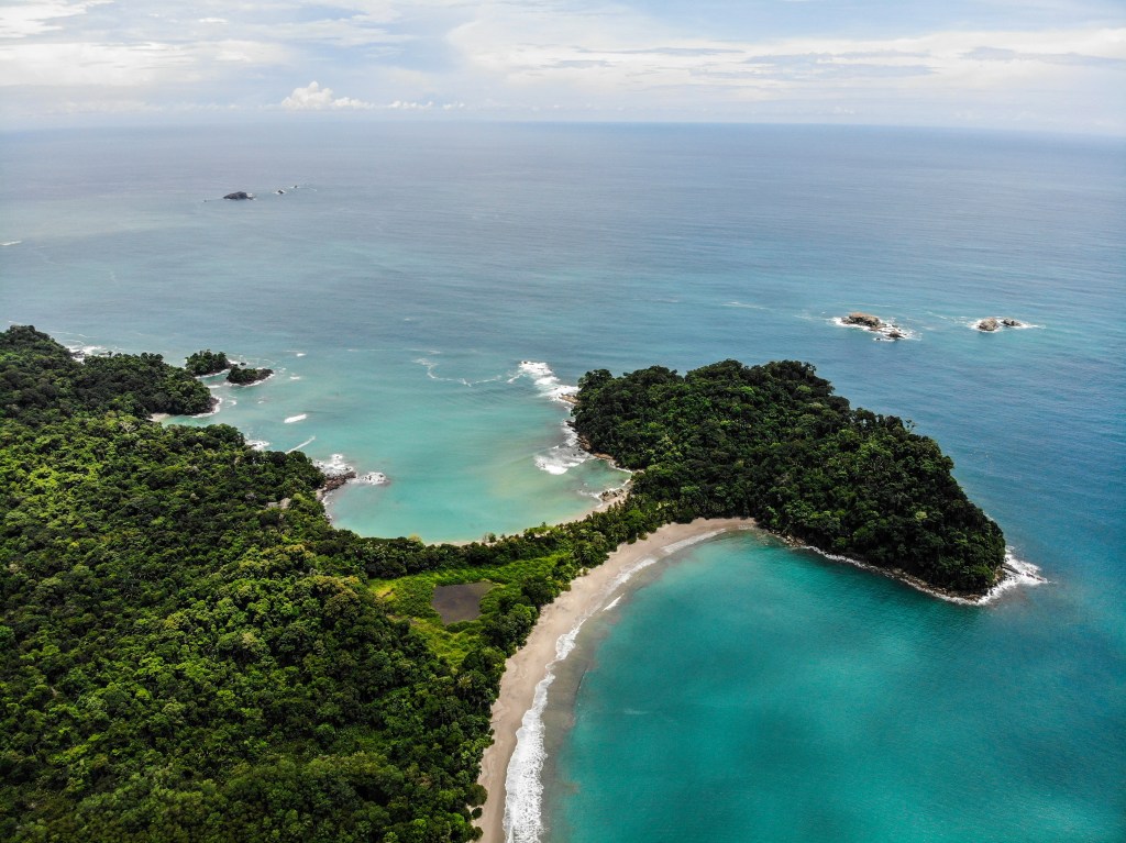 Aerial view of the protected coastline at Manuel Antonio National Park.
